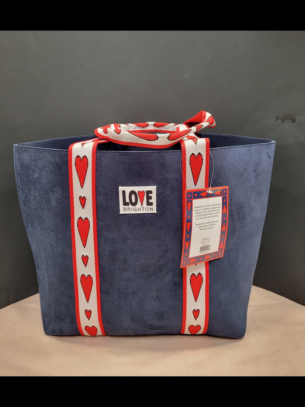 Brighton Navy Suede Tote with Red Heart Strap Accents
